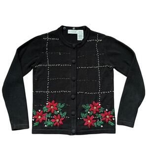 White Stag Black Poinsettia Embroidered Holiday Cardigan Women’s Small